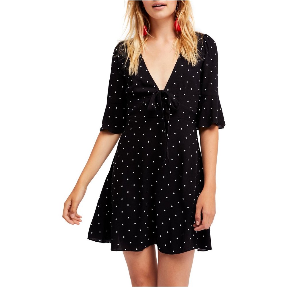 Free People Revolve All Yours Black White Polka Dot Tie-Front Dress